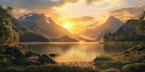Wall Mural - Stunning sunset over a natural lake, framed by majestic mountains, showcasing the serene beauty of the landscape. This captivating sunset landscape encompasses the tranquility of nature s lake and