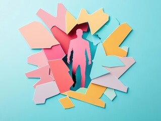 Leinwandbilder - Humanshaped cutout emerging from a collage of overlapping shapes, modern abstract style, pastel tones, high contrast