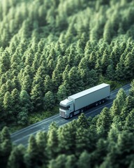 Ecofriendly truck icon on forest background, clean energy logistics, green transport concept for achieving net zero carbon emissions