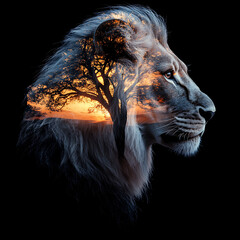 Wall Mural - A double exposure portrait of a majestic Lion side profile, set against a backdrop of trees and a sunset sky. The image has a black background, with a photorealistic, and cinematic lighting style.