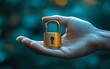 © Itsaree  - A hand with a small gold padlock, showcasing strength and protection, blue background adding depth, ultraHD quality