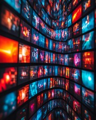 Poster - Multimedia streaming wall with vibrant colorful channel images, abstract entertainment background, dynamic visuals, futuristic design, and entertainment concept