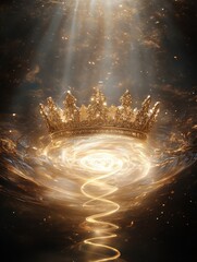 Wall Mural - Golden crown levitating over spiraling pillar enigmatic light digital art mystical environment dramatic viewpoint