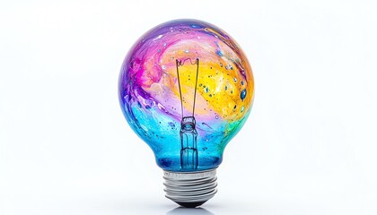 Fototapete - A glowing light bulb with vibrant color splashes of purple, turquoise, and yellow, symbolizing the spark of creativity, isolated on white