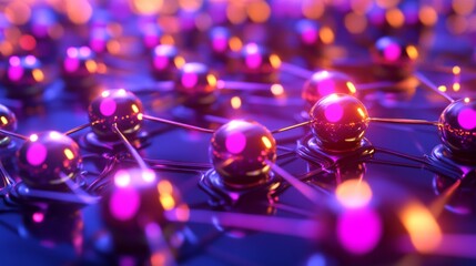 Wall Mural - abstract network of glowing spheres connected by lines, reflecting light.