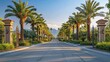 © Jumaria - Palm-tree-lined entrance to a luxurious desert community, mountains in the background.