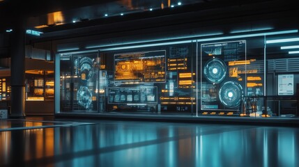 Wall Mural - futuristic control room with large digital displays showing various data streams and interfaces.