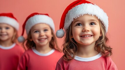 Adorable Girls in Santa Costume Smiling on Pastel Holiday Background