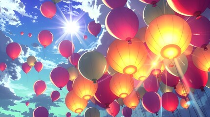 Wall Mural - A vibrant collection of hot air balloons floats against a bright blue sky, illuminated by the radiant sun. The warm colors of the balloons create a striking contrast with the serene sky.