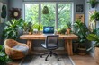 © Janis - Serene minimalist home office with reclaimed wood desk and vibrant plants - Generative AI.