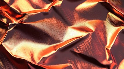 Wall Mural - A delicate crumpled sheet of brushed copper metal, with warm orange and red tones highlighted by soft lighting. The surface texture reveals both smooth areas .
