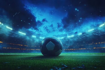 Wall Mural - Soccer ball at center of illuminated stadium at night. (2)