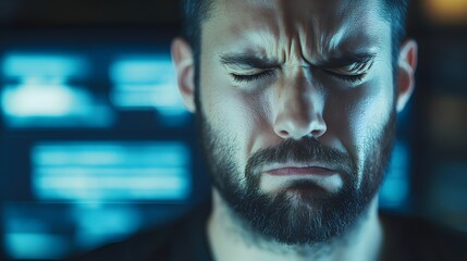 Frustrated developer at computer, facing challenges in coding and debugging, embodies the perseverance and resilience required in the tech industry