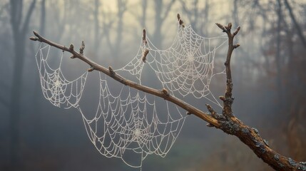 A dry tree branch covered in intricate spider webs glistening softly in diffused light. The webs stretch between the thin twigs, creating an ethereal effect against a misty, dark forest background.