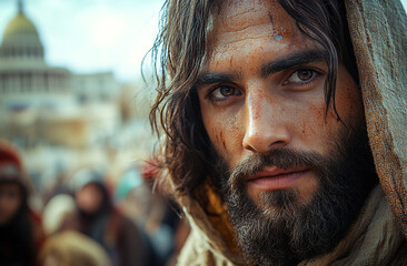 Wall Mural - Jesus Christ in a crowd of people on the background of the Capitol.