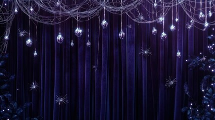 Wall Mural - A Halloween-themed display with dark purple velvet curtains as the background, draped with glowing silver spiderwebs and small glittery spiders. 