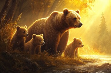 Canvas Print - A family of grizzly bears, including cubs and a mother bear, standing in a grassy meadow with tall trees behind them