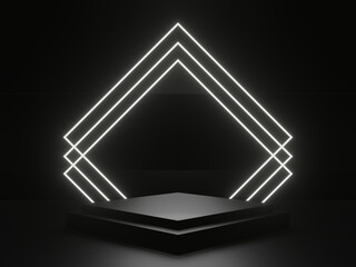 Wall Mural - 3d black geometric podium with white neon lights