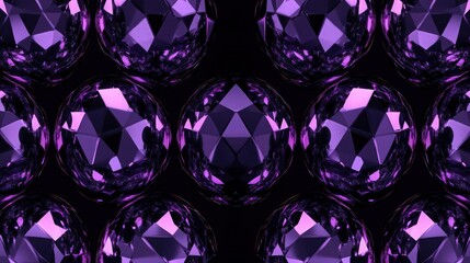 Wall Mural - A seamless pattern of mirrored disco balls bathed in deep purple lighting, arranged in a repeating geometric formation. 