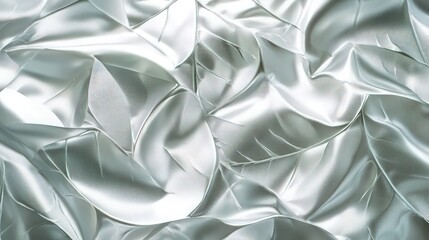 Wall Mural - A shiny silver foil leaf texture with intricate crinkles and soft waves reflecting light, creating a dynamic abstract pattern. 