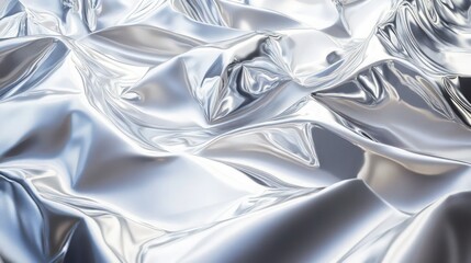 Wall Mural - A shiny silver foil leaf texture with intricate crinkles and soft waves reflecting light, creating a dynamic abstract pattern. 