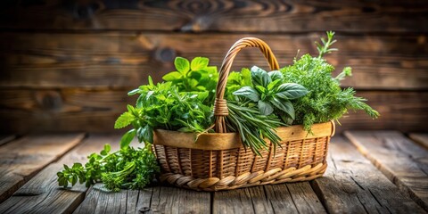 Wall Mural - Aromatic bunch of fresh herbs in a small wooden basket on a rustic table, greenery, aromatic,  greenery, aromatic, basket