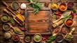 © Watcharapon - Aromatic spices and herbs arranged artfully on a wooden cutting board, culinary, wooden board,  culinary, wooden board