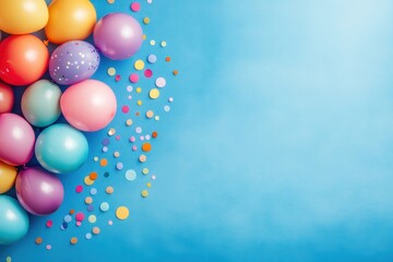 Colorful balloons and confetti on blue background. (1)