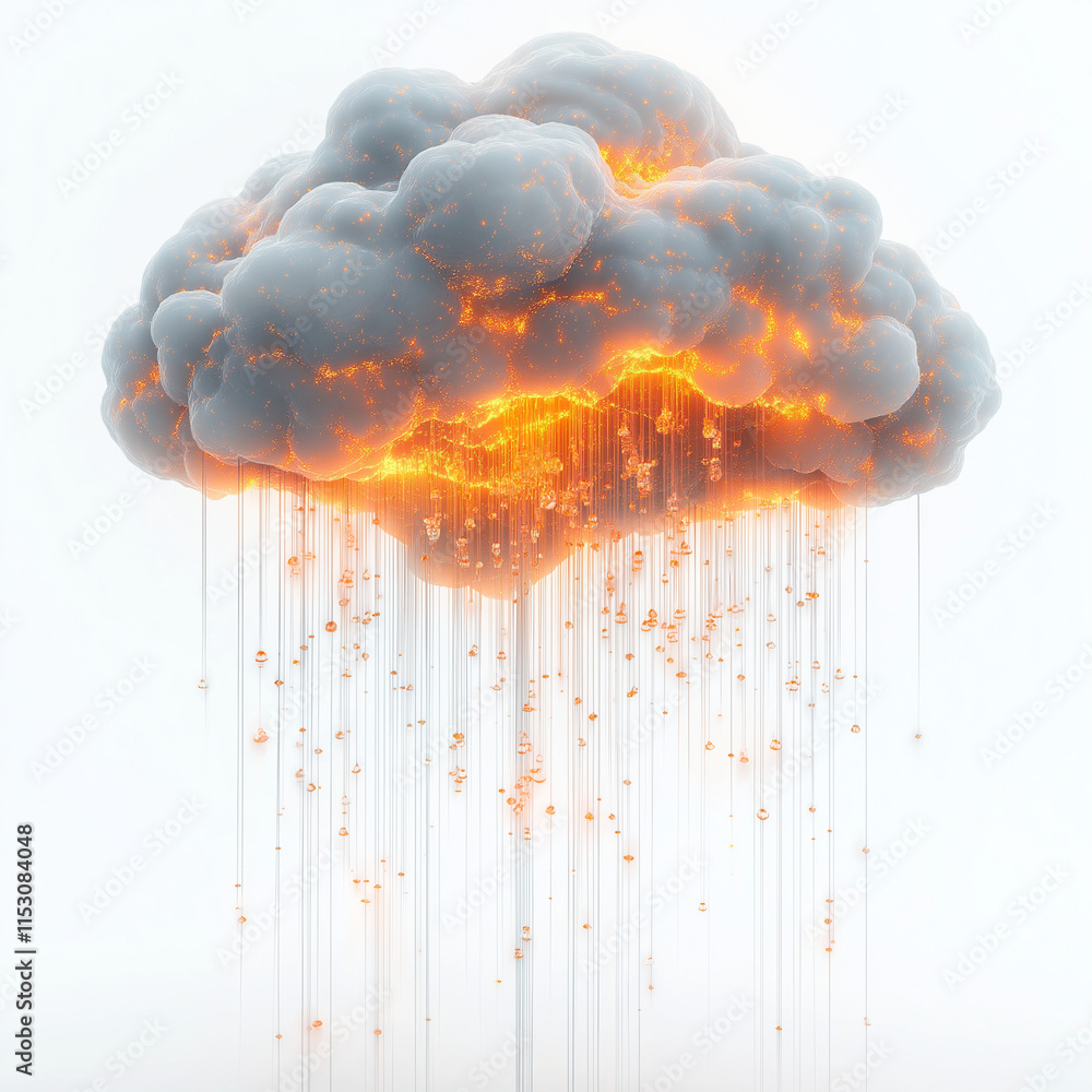 3D render of a cloud with glowing rain, white background, created in ...