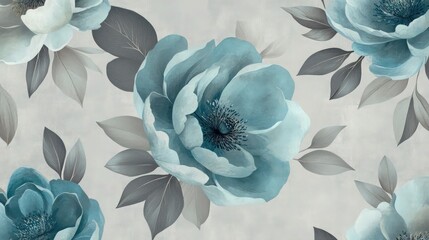 Wall Mural - An elegant organic floral seamless pattern with large, flowing flowers in shades of blue and teal, surrounded by soft gray leaves. 