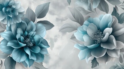 Wall Mural - An elegant organic floral seamless pattern with large, flowing flowers in shades of blue and teal, surrounded by soft gray leaves. 