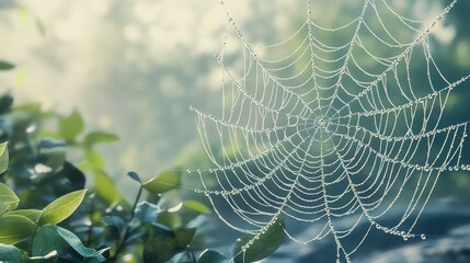 An intricate spider web labyrinth with water drops suspended on its delicate threads, forming a maze-like pattern.