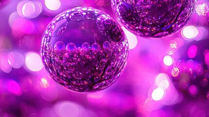 Wall Mural - A close-up of mirrored disco balls reflecting vibrant purple light, arranged in a playful, cascading pattern. The selective focus creates a crisp foreground with dazzling reflections.