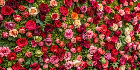 Wall Mural - A stunning floral wall background featuring an abundance of vibrant roses in various shades of pink and red, set against a lush green backdrop , nature, beauty