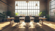 © Sehraye - Boardroom with furniture, empty conference room with long desk and chairs around for business meetings, training and presentation, company office interior with windows and table 3d vector illustration