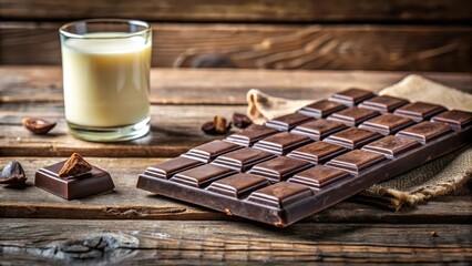 Wall Mural - Dark brown chocolate bar placed on a rustic wooden table with a few pieces of milk chocolate and white chocolate in the background