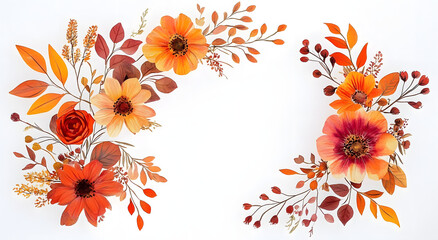 Wall Mural - fall floral wreath, autumn flowers, leaves, and wildflowers. autumn leaves and wildflowers clipart. 