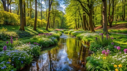 Wall Mural - Serene Forest with Blooming Wildflowers and a Gentle Stream