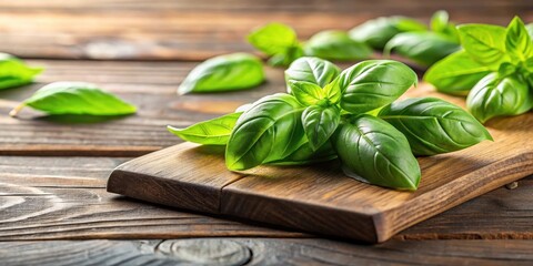 Wall Mural - Close-up of fresh basil leaves on a wooden cutting board, organic, closeup,  organic, closeup, plant, gardening