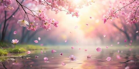 Wall Mural - Softly glowing pink sakura petals floating gently downwards towards a serene landscape, with gentle mist rising from the ground, serene scenery, nature background