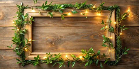 Wall Mural - A beautifully crafted wooden frame with two lush greenery branches intertwined together perfectly, surrounded by soft golden lighting