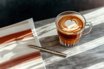 Wall Mural - warm coffee cup with heart latte art on stylish table Generative Ai