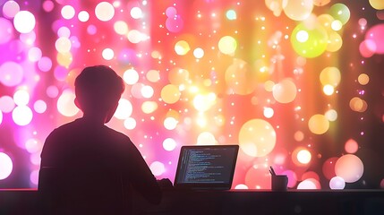 Programmer Coding Against Festive Background Lights