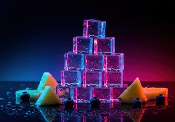 A background of various tropical fruits and ice cubes arranged. The ice cubes are transparent and blue in color and are scattered around the fruits and arranged in a pyramid shape.