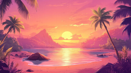 Wall Mural - Sea beach with palm trees and stones in water at sunset. Vector cartoon illustration of summer tropical landscape of lagoon with sand shore, rocks, pink sky and sun on horizon