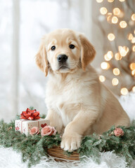 Wall Mural - Valentine’s Day Gift Concept with Dog and Roses. Cute golden retriever puppy with gifts and festive decor