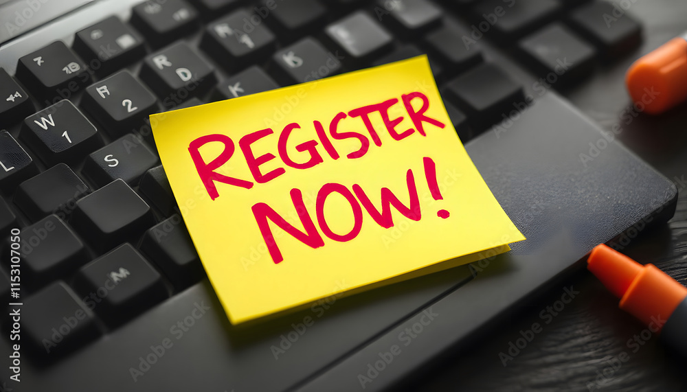 Register Now, Sticky Note on Laptop Keyboard, Sign Up Reminder ...