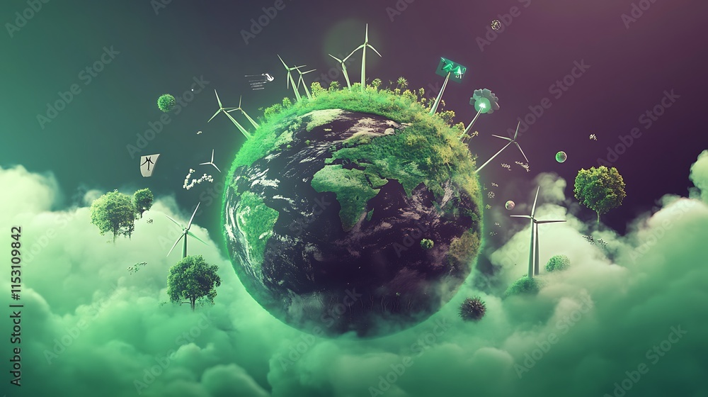 3D visualization of a net-zero planet with carbon emissions flowing ...