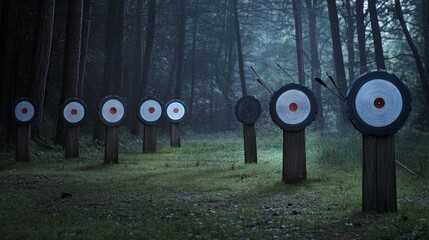 Poster - A serene archery range set against a misty morning forest, Targets and bows perfectly aligned, Traditional outdoor style
