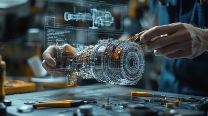 Engineer Interacting with a 3D Hologram of a Mechanical Part
